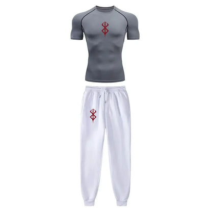 Anime Compression Set Berserk Guts Print Performance GYM Set Men'S Athletic Workout Quick Dry Shirts+Sweatpants Unisex Sportwear