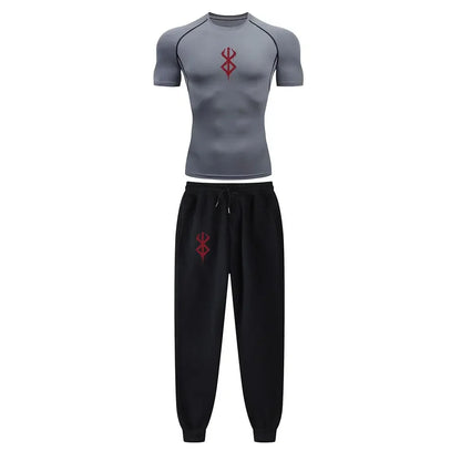 Anime Compression Set Berserk Guts Print Performance GYM Set Men'S Athletic Workout Quick Dry Shirts+Sweatpants Unisex Sportwear