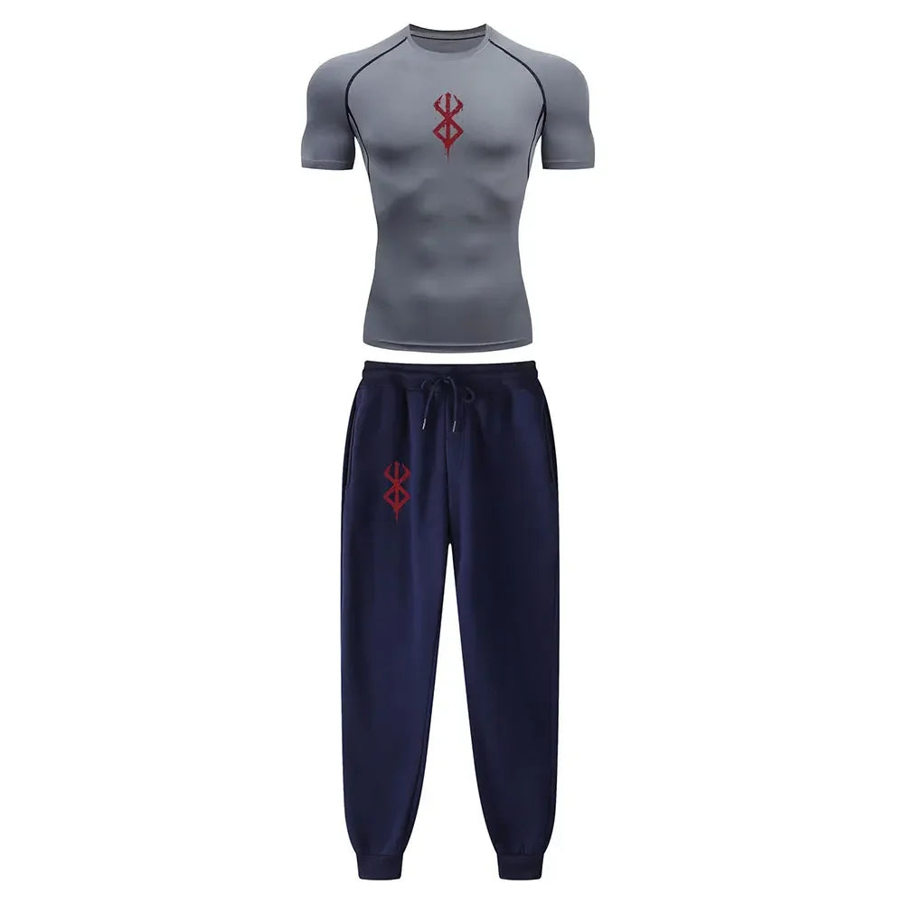 Anime Compression Set Berserk Guts Print Performance GYM Set Men'S Athletic Workout Quick Dry Shirts+Sweatpants Unisex Sportwear