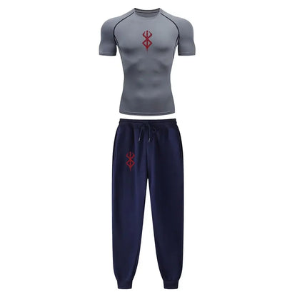 Anime Compression Set Berserk Guts Print Performance GYM Set Men'S Athletic Workout Quick Dry Shirts+Sweatpants Unisex Sportwear